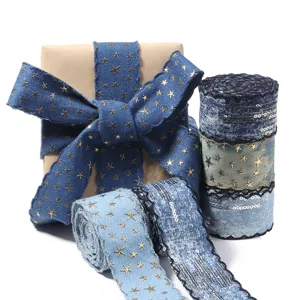 Jeansband mit goldenen Sternen und Pailletten, ideal für DIY Schleifen und Haarschmuck Zubehör.