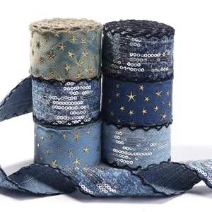 Jeans Bänder Rollen mit Goldsternen Pailletten, Wellenkante für DIY Haarschmuck Bastelei.