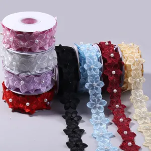 Embroidered pearl flower lace trim DIY clothing accessories hair clips bags jewelry