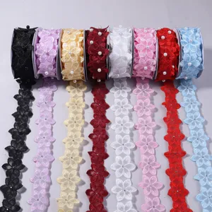 Colorful embroidered lace trim with pearls, six petal flower ribbon for DIY crafts apparel.