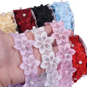 Embroidered lace trim pearl flower ribbon DIY clothing accessories craft sewing material