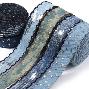 Jeans Band Pailletten Borte mit goldenen Sternen und schwarzem Bogenrand für DIY Schleifen Nähzubehör