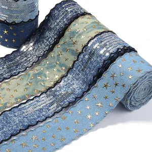 Denim Pailletten Band mit goldenen Sternen, Wellenkante DIY Schleife Haarspange Zubehör