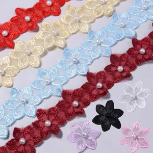Original Design Thread Yarn Embroidered Six-Petal Flower Lace Trim Ribbon With Artificial Pearl Beads DIY Jewelry Making Craft Clothing Sewing Accessory