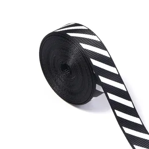 Black and white diagonal striped grosgrain ribbon for DIY gift box decoration and crafts.