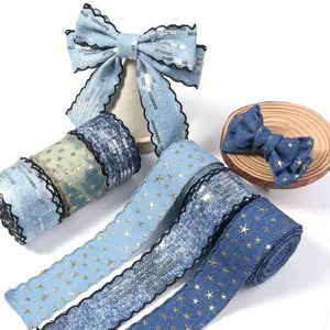 Denim Band Gurtband Mit Bronzierenden Goldsternen Und Pailletten Wellenkante DIY Haarclip Bogen Bekleidung Zubehör Polyester Gurtband