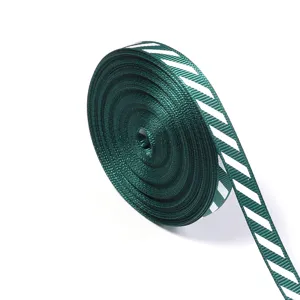 Dark green grosgrain ribbon with white diagonal stripes, perfect for Christmas gift wrapping and DIY bows.