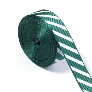 Green white diagonal stripe grosgrain ribbon close-up detail shot for gift craft decor