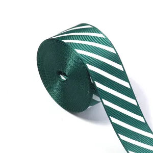 Green and white diagonal striped grosgrain ribbon for Christmas holiday gift wrapping and DIY bows.