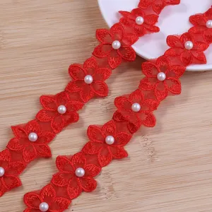 Red embroidered six-petal flower pearl lace trim DIY clothing accessories hair clip decor