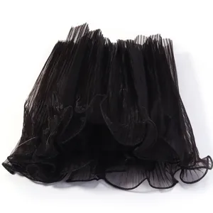 Black pleated mesh lace trim, sheer ruffled fabric ribbon for DIY sewing and crafting.