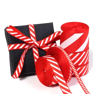 Christmas red and white diagonal striped grosgrain ribbon for gift box DIY bow decoration.