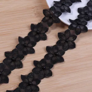 Black embroidered beaded lace trim six-petal flower lace for DIY garment accessories necklace.