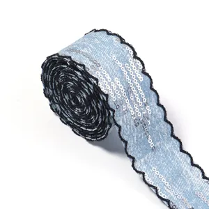 Jeans Pailletten Borte mit schwarzem Bogenrand für DIY Schleifen, Haarschmuck und Kleidungszubehör.