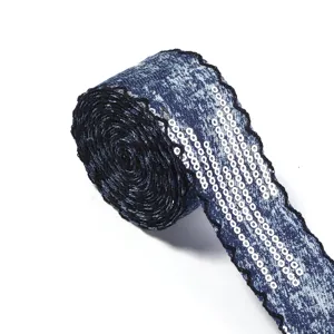 Jeans Pailletten Borte mit schwarzem Wellenrand fuer DIY Haarschmuck und Kleidung Handwerk.