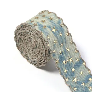 Denimband mit goldenen Sternen und Bogenkante für DIY Basteln, Haarschleifen und Kleidung.