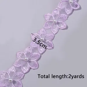 Purple embroidered lace trim with pearls, 3.5cm width 2 yards DIY sewing craft accessory.