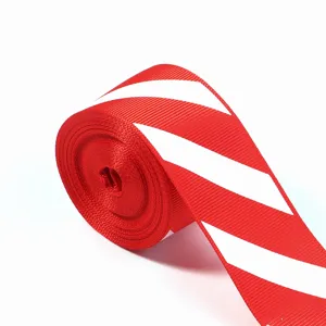 Red and white diagonal striped grosgrain ribbon for gift wrapping, party and DIY craft use.