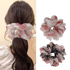 Floral mesh hair scrunchie sheer organza hair band rose pattern hair tie for women detail view