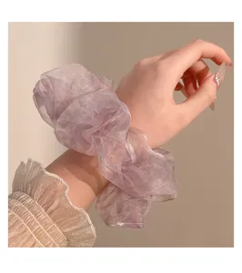 Light purple organza mesh hair scrunchie, elegant bubble style hair tie for women's buns.