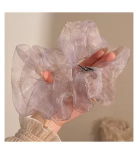 Purple organza hair scrunchie fluffy oversized hair tie elastic hair accessory for women