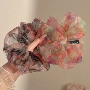Elegant Oversized Mesh Cloud Bubble Scrunchie For Women Floral Print Handmade Polyester Hair Tie Sweet Hair Ring Accessory