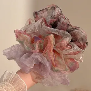 Large sheer organza floral scrunchie for women, elegant translucent ponytail hair tie band.