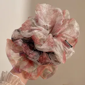 Large floral chiffon hair scrunchie fluffy gauze hair tie ponytail holder for women.