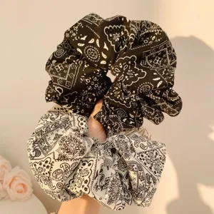 Korean style fabric printed large hair scrunchies, elegant hair ties for women and girls.