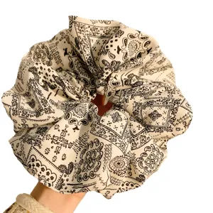 Oversized vintage paisley print fabric hair scrunchie, elegant hair tie for women and girls.