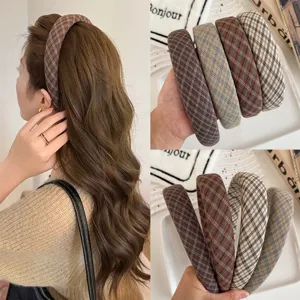 Vintage Karo Schwamm Breites Stirnband Koreanischer Preppy-Stil High Top Haarband Künstlerische Stoff Haar-Accessoires Für Damen