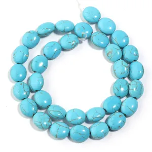 Perline sciolte ovali piatte in turchese blu naturale per bracciali e collane fai da te.