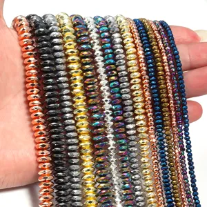 Faceted hematite abacus beads detail shot, colorful metallic loose beads for DIY jewelry making.