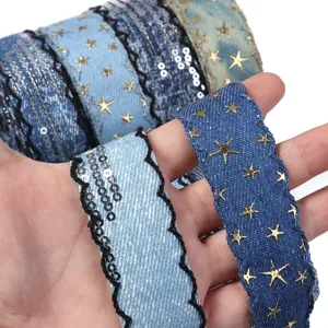 Jeans Stern Band Borte für DIY Haarschleifen, Haarreifen und Kleiderzubehör, 1 Rolle.