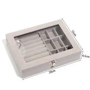 Graue Samt Schmuckschatulle mit klarem Deckel, Ringrollen und Fächern, 20x15x4,5cm Display.