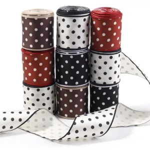 Close-up detail of multi-color polka dot ribbon rolls, showing neat edges and fabric texture.