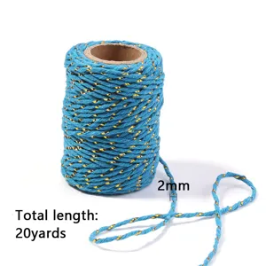Blue and gold metallic twisted cotton cord 2mm thick 20 yards long for DIY crafts and gift wrapping.