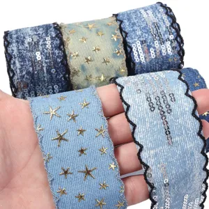 Jeansband mit goldenen Sternen Pailletten wellenförmiger Rand für DIY Schleifen Zubehör