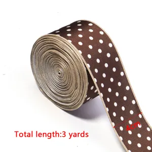 Brown polka dot satin ribbon roll, 4cm wide and 3 yards long, ideal for DIY crafts.