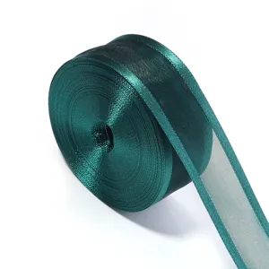 Dunkelgrünes transparentes Organzaband mit Satinrand für Geschenkverpackung, Weihnachtsdeko.