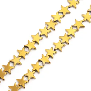 Gold plated flat star hematite stone loose beads detail, perfect for DIY jewelry making.