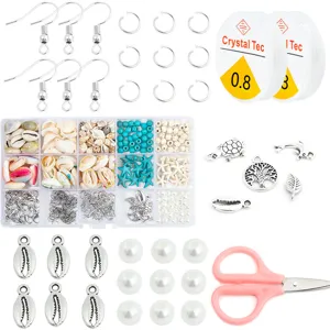 DIY jewelry making kit featuring shells turquoise beads charms elastic cord and crafting tools for handmade bracelets.