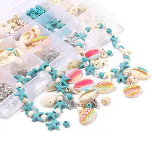 Detailed close-up view of DIY seashell turquoise star bracelet components and beads storage box.