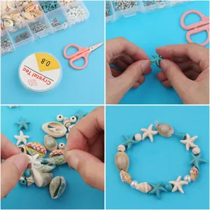 DIY 15-grid shell turquoise bracelet making kit detail showing natural white starfish beads.