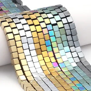 Hematite cut square loose beads detailed view showcasing multi-color electroplated finishes for DIY.