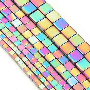 Rainbow electroplated hematite square cut loose beads detail shot for DIY jewelry.
