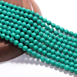 Synthetic turquoise round loose beads for DIY jewelry making, beautiful spiderweb matrix design.