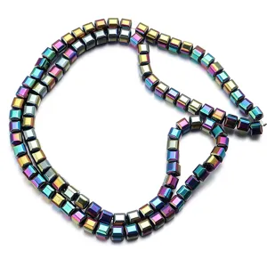 Colorful electroplated hematite faceted cube loose beads detail display for DIY jewelry making.