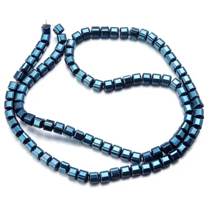 Blue electroplated hematite cube beads detail shot, perfect for DIY jewelry making and crafts.