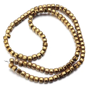 Gold-plated hematite square cube beads strand for DIY bracelet jewelry making and crafting.